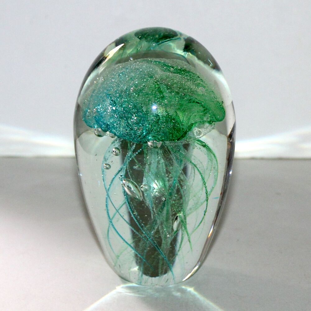 Beachcombers Glass Paperweight Green Jellyfish 4.5" coastal decor